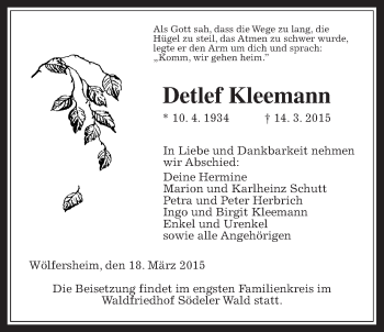 Traueranzeige von Detlef Kleemann von Wetterauer Zeitung, Wetterauer Zeitung