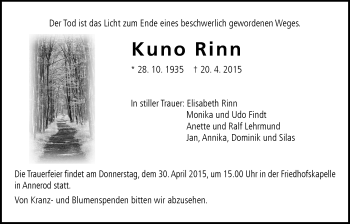 Traueranzeige von Kuno Rinn von Gießener Allgemeine, Alsfelder Allgemeine