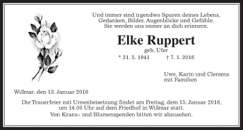 Traueranzeige von Elke Ruppert von Gießener Allgemeine, Alsfelder Allgemeine