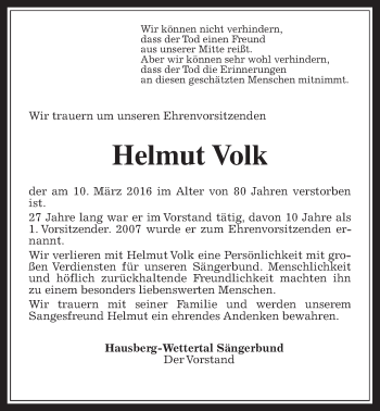 Traueranzeige von Helmut Volk von Wetterauer Zeitung, Wetterauer Zeitung