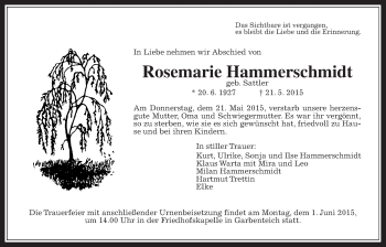 Traueranzeige von Rosemarie Hammerschmidt von Pohlheimer Nachrichten, Gießener Allgemeine, Alsfelder Allgemeine