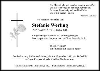 Traueranzeige von Stefanie Werling von Wetterauer Zeitung, Wetterauer Zeitung