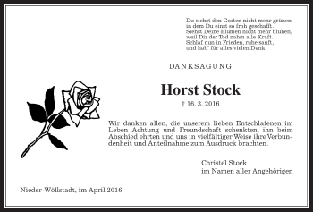 Traueranzeige von Horst Stock von Wetterauer Zeitung, Wetterauer Zeitung