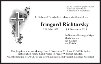 Traueranzeige von Irmgard Richtarsky von Wetterauer Zeitung, Wetterauer Zeitung