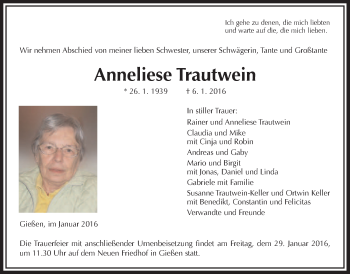 Traueranzeige von Anneliese Trautwein von Gießener Allgemeine, Alsfelder Allgemeine