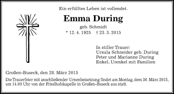 Traueranzeige von Emma During von Gießener Allgemeine, Alsfelder Allgemeine