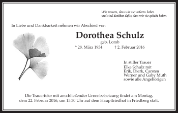Traueranzeige von Dorothea Schulz von Wetterauer Zeitung, Wetterauer Zeitung