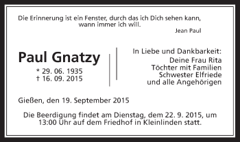 Traueranzeige von Paul Gnatzy von Gießener Allgemeine, Alsfelder Allgemeine