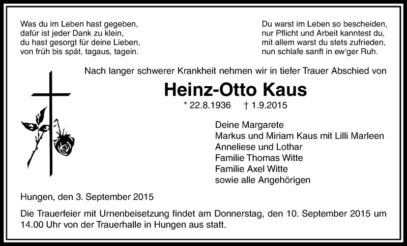  Traueranzeige für Heinz-Otto Kaus vom 03.09.2015 aus Licher Wochenblatt, Licher Wochenblatt, Licher Wochenblatt