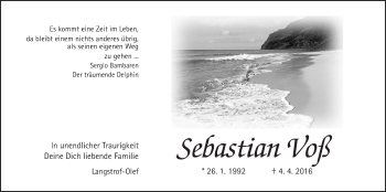Traueranzeige von Sebastian Voß von Wetterauer Zeitung, Wetterauer Zeitung