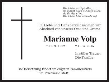Traueranzeige von Marianne Volp von Wetterauer Zeitung, Wetterauer Zeitung