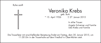 Traueranzeige von Veronika Krebs von Wetterauer Zeitung, Wetterauer Zeitung