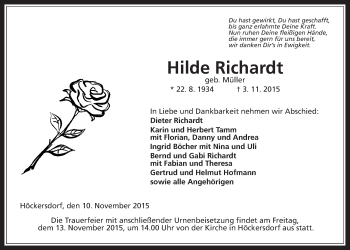 Traueranzeige von Hilde Richardt von Alsfelder Allgemeine