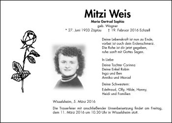 Traueranzeige von Mitzi Weis von Wetterauer Zeitung, Wetterauer Zeitung