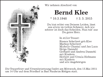 Traueranzeige von Bernd Klee von Wetterauer Zeitung, Wetterauer Zeitung
