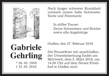 Traueranzeige von Gabriele Gehrling von Gießener Allgemeine, Alsfelder Allgemeine