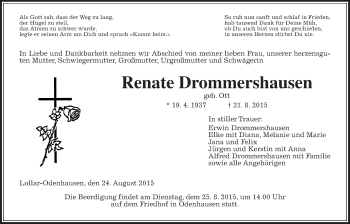 Traueranzeige von Renate Drommershausen von Gießener Allgemeine, Alsfelder Allgemeine