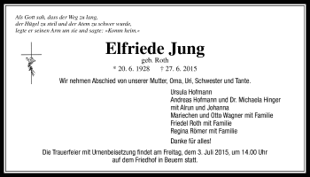 Traueranzeige von Elfriede Jung von Gießener Allgemeine, Alsfelder Allgemeine