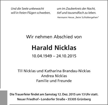 Traueranzeige von Harald Nicklas von Gießener Allgemeine, Alsfelder Allgemeine