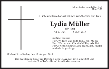 Traueranzeige von Lydia Müller von Gießener Allgemeine, Alsfelder Allgemeine