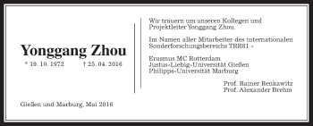 Traueranzeige von Yonggang Zhou von Wetterauer Zeitung, Wetterauer Zeitung