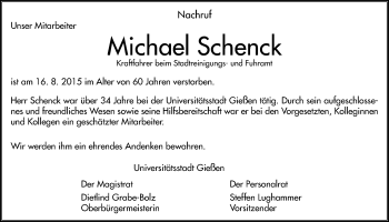Traueranzeige von Michael Schenck von Gießener Allgemeine, Alsfelder Allgemeine