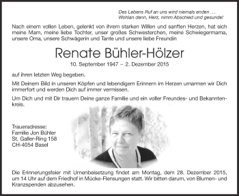 Traueranzeige von Renate Bühler-Hölzer von Gießener Allgemeine, Alsfelder Allgemeine