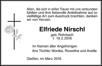Traueranzeige von Elfriede Nirschl von Gießener Allgemeine, Alsfelder Allgemeine
