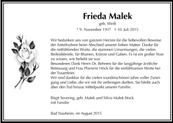 Traueranzeige von Frieda Malek von Wetterauer Zeitung, Wetterauer Zeitung