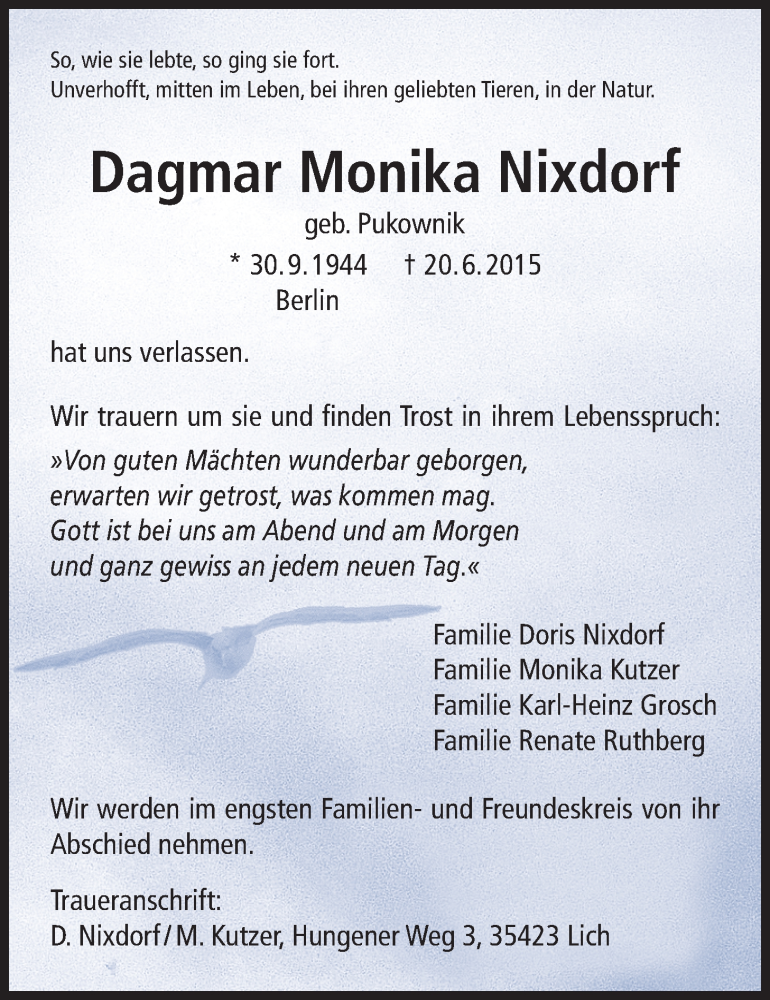  Traueranzeige für Dagmar Monika Nixdorf vom 25.06.2015 aus Licher Wochenblatt, Licher Wochenblatt, Licher Wochenblatt