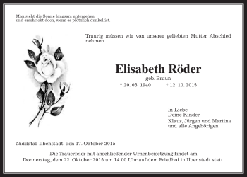 Traueranzeige von Elisabeth Röder von Wetterauer Zeitung, Wetterauer Zeitung