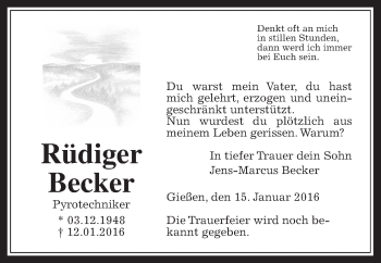 Traueranzeige von Rüdiger Becker von Gießener Allgemeine, Alsfelder Allgemeine, Wetterauer Zeitung, Wetterauer Zeitung