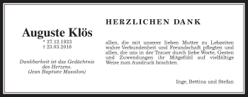 Traueranzeige von Auguste Klös von HZ-aktuell
