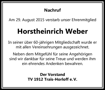 Traueranzeige von Horstheinrich Weber von Licher Wochenblatt, Licher Wochenblatt, Licher Wochenblatt