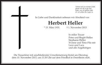 Traueranzeige von Herbert Heller von Wetterauer Zeitung, Wetterauer Zeitung