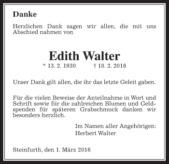 Traueranzeige von Edith Walter von Wetterauer Zeitung, Wetterauer Zeitung