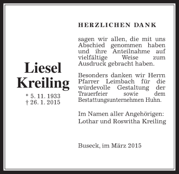 Traueranzeige von Liesel Kreiling von Gießener Allgemeine, Alsfelder Allgemeine