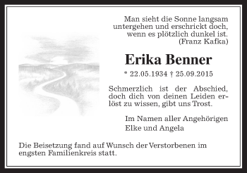 Traueranzeige von Erika Benner von Wetterauer Zeitung, Wetterauer Zeitung