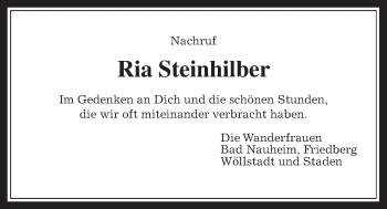 Traueranzeige von Maria Steinhilber von Wetterauer Zeitung, Wetterauer Zeitung