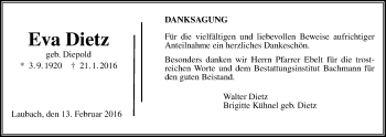 Traueranzeige von Eva Dietz von Gießener Allgemeine, Alsfelder Allgemeine