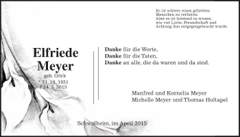 Traueranzeige von Elfriede Meyer von Wetterauer Zeitung, Wetterauer Zeitung