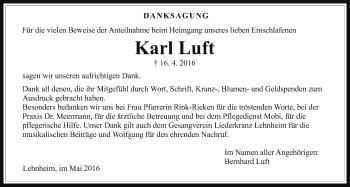 Traueranzeige von Karl Luft von Gießener Allgemeine, Alsfelder Allgemeine