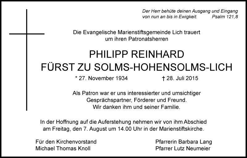  Traueranzeige für Philipp Reinhard Fürst zu Solms-Hohensolms-Lich vom 06.08.2015 aus Licher Wochenblatt, Licher Wochenblatt, Licher Wochenblatt