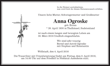 Traueranzeige von Anna Ogroske von Wetterauer Zeitung, Wetterauer Zeitung
