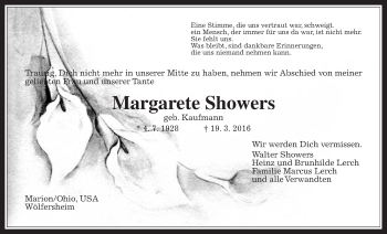 Traueranzeige von Margarete Showers von Wetterauer Zeitung, Wetterauer Zeitung