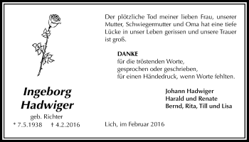 Traueranzeige von Ingeborg Hadwiger von Licher Wochenblatt, Licher Wochenblatt, Licher Wochenblatt