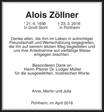 Traueranzeige von Alois Zöllner von Gießener Allgemeine, Alsfelder Allgemeine