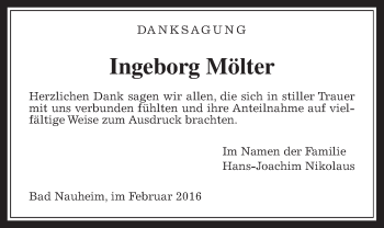 Traueranzeige von Ingeborg Mölter von Wetterauer Zeitung, Wetterauer Zeitung