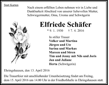 Traueranzeige von Elfriede Schäfer von Alsfelder Allgemeine