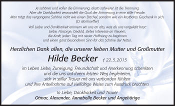 Traueranzeige von Hilde Becker von Licher Wochenblatt, Licher Wochenblatt, Licher Wochenblatt